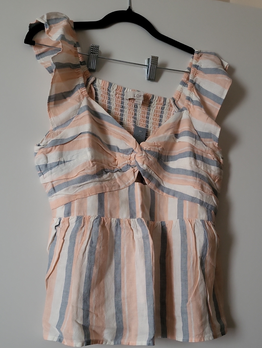 LOFT Peach, Gray & White Striped Twist-Front Peplum Tank